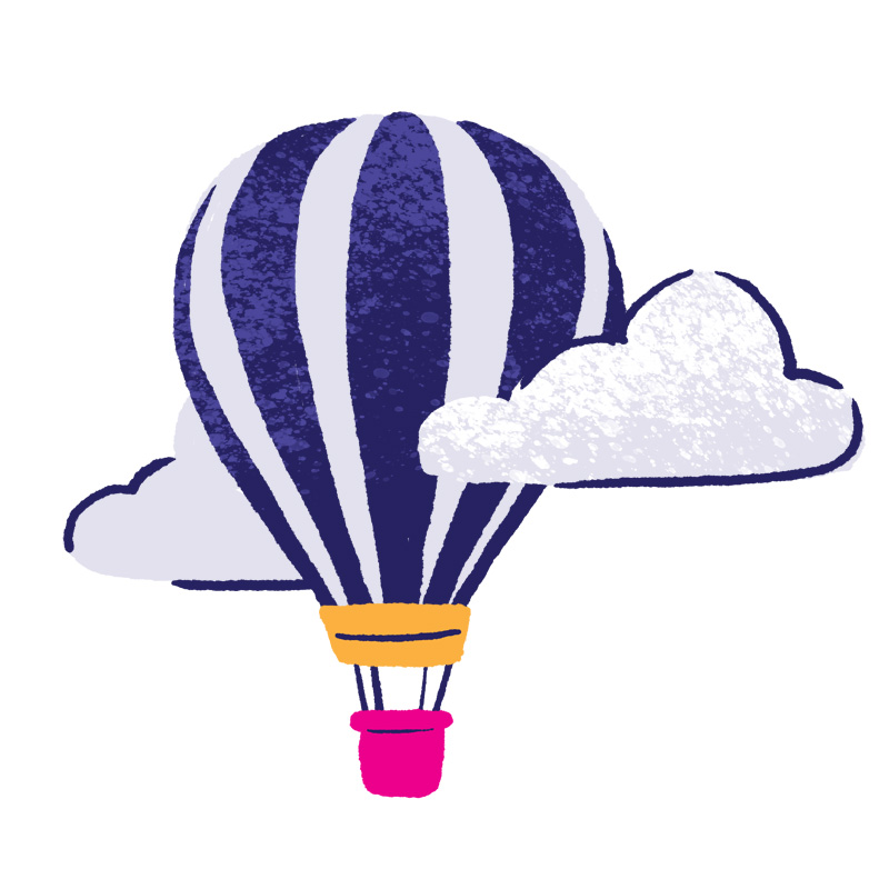 Illustration of a purple striped hot air balloon with a pink basket floating between two clouds. 