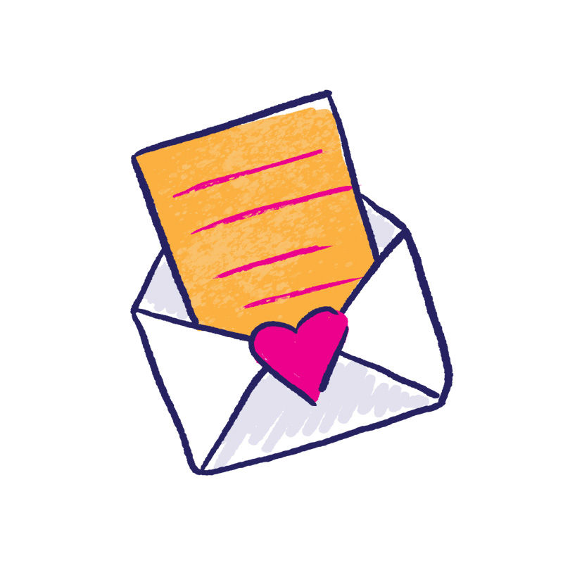 Illustration of an envelope with a pink heart sticker on the front. The envelope is open and a yellow paper with lines to represent writing is peeking out from inside. 