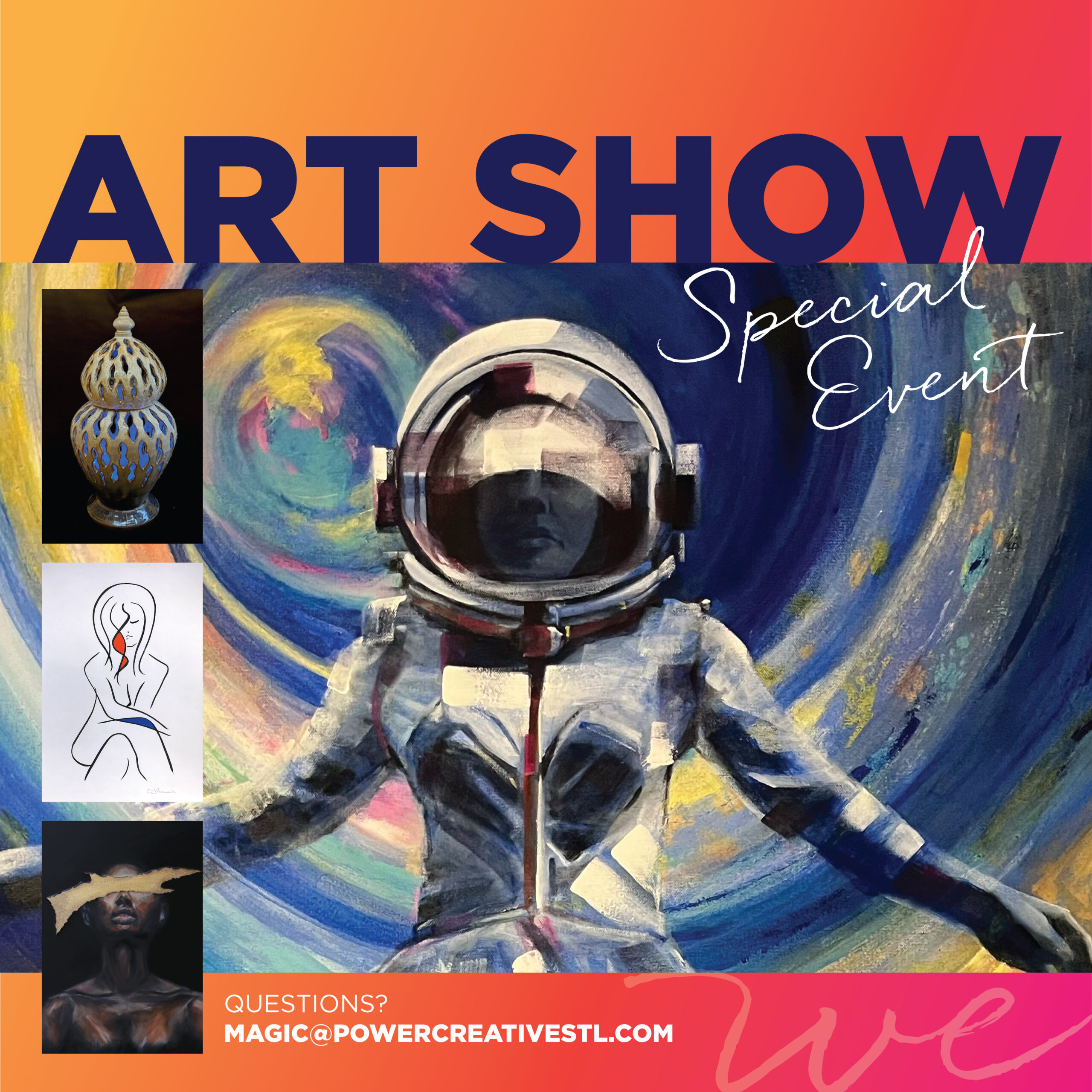 An ad for the art show event at Power Creative, featuring local fine artists.