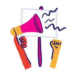 Illustration of a purple striped hot air balloon with a pink basket floating between two clouds. 