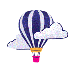 Illustration of a purple striped hot air balloon with a pink basket floating between two clouds. 