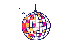 Illustration of a purple striped hot air balloon with a pink basket floating between two clouds. 