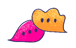 Illustration of a purple striped hot air balloon with a pink basket floating between two clouds. 